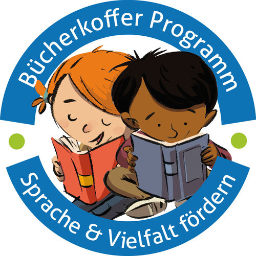 Logo Bücherkoffer, zwei Kinder lesen